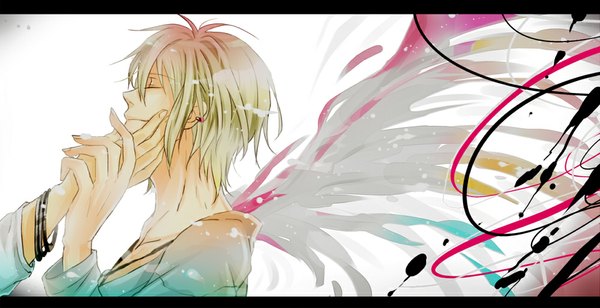 Anime picture 1000x514 with k-project gohands (studio) totsuka tatara ozzz (artist) short hair blonde hair simple background smile wide image white background profile light smile inscription couple hug piercing holding hands angel wings boy earrings