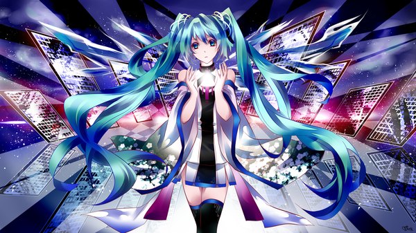 Anime picture 2000x1125 with vocaloid hatsune miku tyouya single long hair highres wide image twintails aqua eyes aqua hair girl detached sleeves