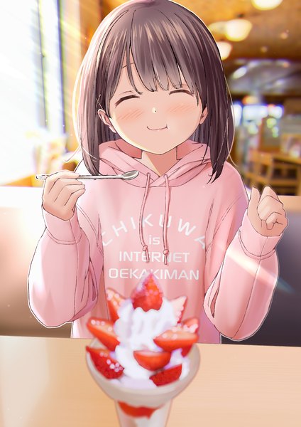 Anime picture 1240x1754 with original chikuwa (odennabe) single tall image blush fringe short hair brown hair sitting holding indoors eyes closed long sleeves blurry eating ^ ^ clothes writing girl hair ornament food