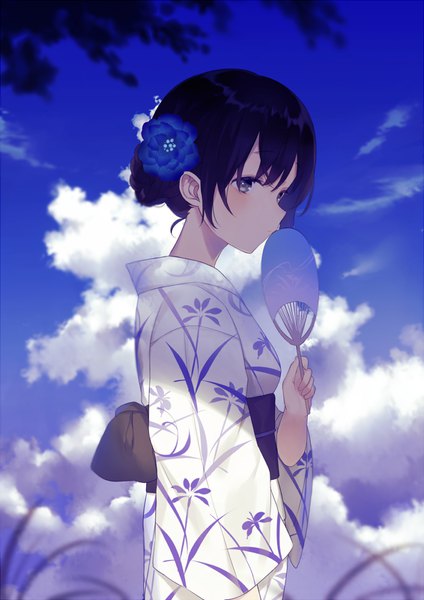 Anime picture 706x1000 with original achiki single tall image looking at viewer blush fringe short hair black hair hair between eyes standing holding sky cloud (clouds) traditional clothes japanese clothes hair flower black eyes blurry wide sleeves