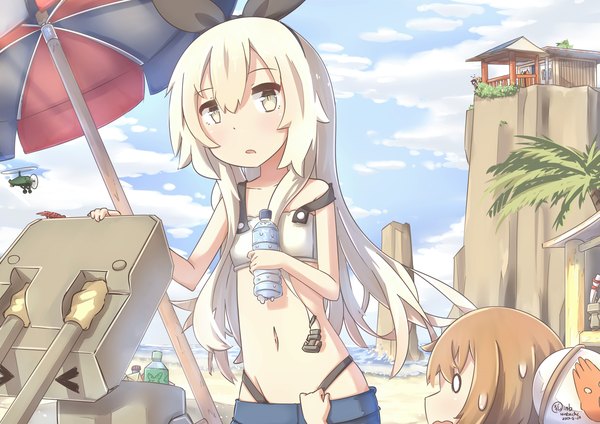 Anime-Bild 3508x2480 mit kantai collection shimakaze destroyer rensouhou-chan inazuma destroyer hinbackc long hair fringe highres open mouth light erotic blonde hair hair between eyes brown hair standing multiple girls holding signed yellow eyes absurdres sky