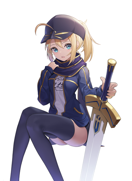 Anime picture 1796x2465 with fate (series) fate/grand order artoria pendragon (all) mysterious heroine x (fate) mokew single long hair tall image looking at viewer fringe highres blue eyes light erotic simple background blonde hair hair between eyes white background sitting ahoge ponytail