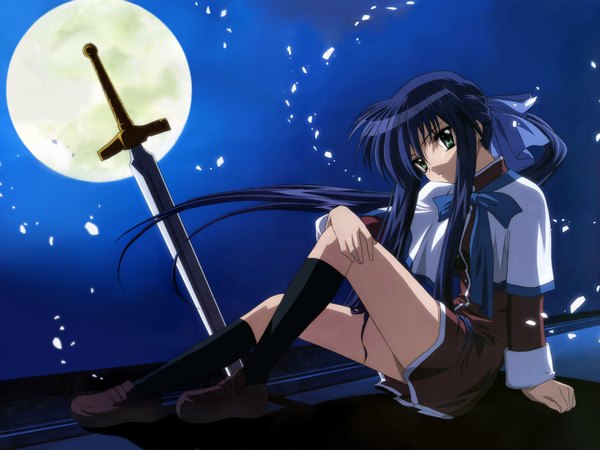 Anime picture 1600x1200 with kanon key (studio) kawasumi mai highres blue hair girl uniform school uniform sword moon full moon