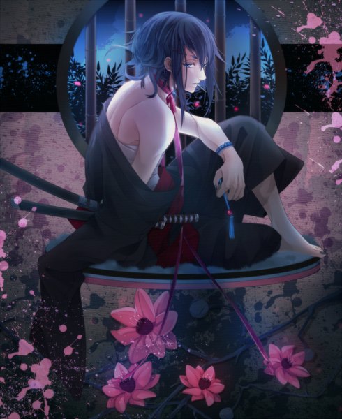 Anime picture 1200x1468 with vocaloid vy2 tall image short hair blue eyes sitting bare shoulders blue hair nail polish traditional clothes japanese clothes boy flower (flowers) ribbon (ribbons) weapon sword bracelet window kimono katana