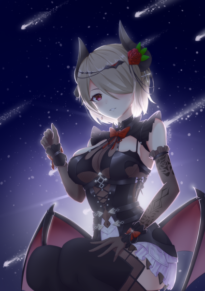 Anime picture 1736x2456 with honkai impact 3rd honkai (series) rita rossweisse diao yi di mao mao single tall image looking at viewer blush fringe highres short hair breasts light erotic blonde hair red eyes large breasts sitting parted lips hair flower horn (horns)