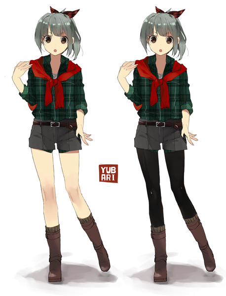 Anime picture 1145x1500 with kantai collection uniqlo yuubari light cruiser hita (hitapita) long hair tall image fringe open mouth simple background standing white background ponytail grey hair black eyes alternate costume standing on one leg dual persona brand name imitation girl bow