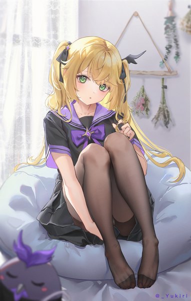 Anime picture 2800x4400 with genshin impact fischl (genshin impact) oz (genshin impact) yukiri (l ii) single long hair tall image looking at viewer blush fringe highres open mouth light erotic blonde hair sitting green eyes signed full body bent knee (knees) indoors