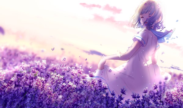 Anime picture 3507x2080 with original ohana (lluluchwan) lluluchwan single highres short hair smile wide image absurdres sky purple hair cloud (clouds) eyes closed hair flower sunlight turning head ^ ^ girl flower (flowers) petals