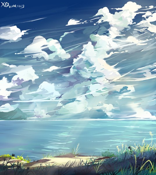 Anime picture 2480x2773 with original yole ge shai tall image highres signed sky cloud (clouds) beach no people landscape plant (plants) sea grass
