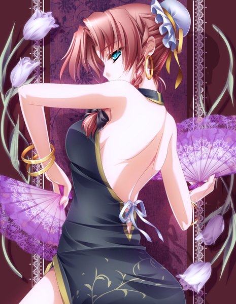 Anime picture 1246x1606 with touhou hong meiling moneti (daifuku) single long hair tall image blue eyes red hair braid (braids) black background chinese clothes girl flower (flowers) bracelet fan chinese dress bun cover