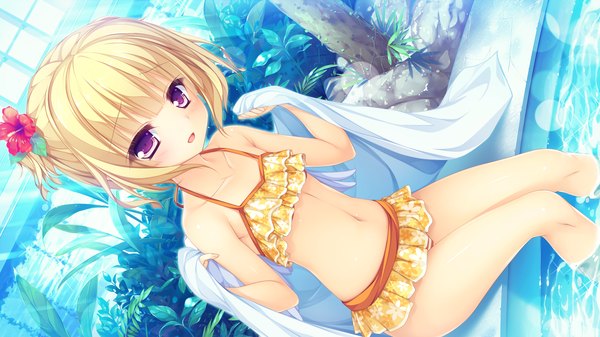 Anime picture 1920x1080 with world election whirlpool (studio) parfil (world election) mikagami mamizu single blush highres short hair open mouth light erotic blonde hair wide image purple eyes game cg hair flower girl navel flower (flowers) swimsuit bikini