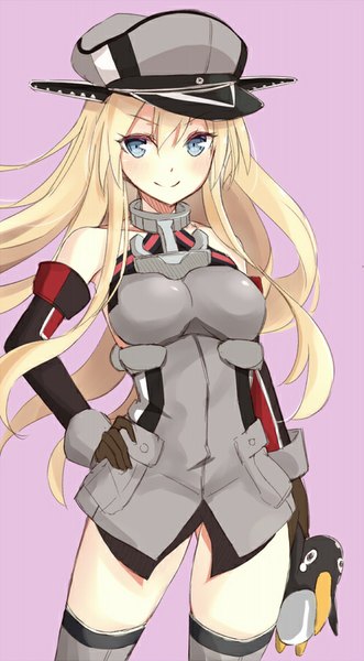 Anime picture 497x900 with kantai collection bismarck battleship failure penguin (kantai collection) takehana note single long hair tall image looking at viewer blush blue eyes light erotic simple background blonde hair smile bare shoulders hand on hip purple background girl thighhighs detached sleeves