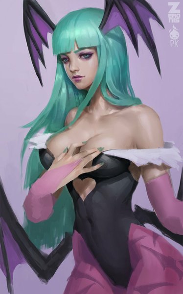 Anime picture 600x962 with vampire / darkstalkers (game) capcom morrigan aensland paul (shiramune) single long hair tall image looking at viewer fringe breasts light erotic simple background bare shoulders green eyes nail polish fingernails green hair realistic lipstick pink lipstick