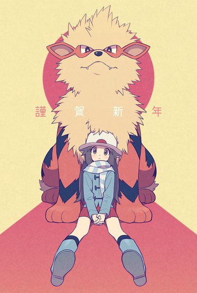 Anime picture 1000x1480 with pokemon pokemon (game) nintendo arcanine blue (pokemon) agata (agatha) long hair tall image looking at viewer black hair sitting brown eyes full body head tilt expressionless yellow background gen 1 pokemon girl hat scarf