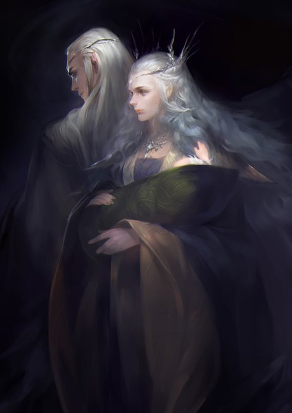 Anime picture 1038x1468 with lord of the rings the hobbit legolas thranduil hanaototo long hair tall image short hair simple background standing holding looking away white hair lips pointy ears from behind black background dark background wavy hair elf