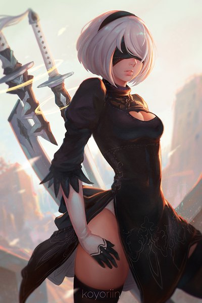 Anime picture 600x900 with nier nier:automata yorha no. 2 type b koyoriin single tall image short hair light erotic standing signed cleavage parted lips lips grey hair mole hand on hip cleavage cutout mole under mouth sheathed blindfold