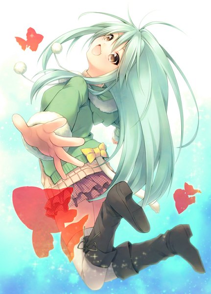 Anime picture 750x1043 with original usashiro mani single long hair tall image open mouth brown eyes green hair spread arms jumping girl skirt knee boots fish (fishes)