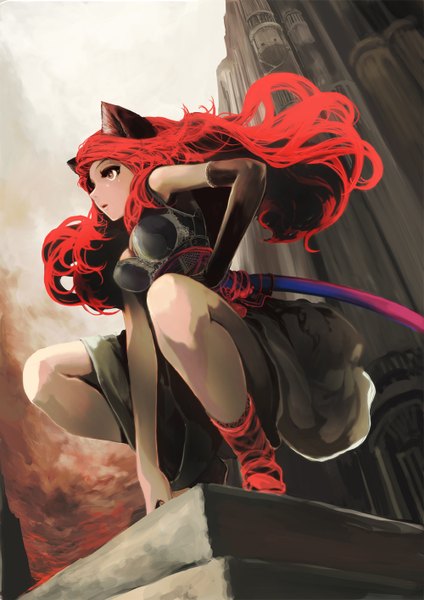 Anime picture 1000x1414 with magic: the gathering nishinogi single long hair tall image breasts black hair large breasts brown eyes looking away bent knee (knees) red hair parted lips bare legs sheathed girl gloves weapon sword black gloves