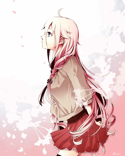 Anime picture 800x1000 with vocaloid ia (vocaloid) akamori single long hair tall image blue eyes standing looking away pink hair braid (braids) profile pleated skirt twin braids hands behind back girl thighhighs skirt black thighhighs petals