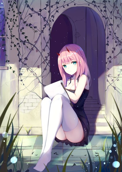 Anime picture 1240x1754 with darling in the franxx studio trigger zero two (darling in the franxx) airool single long hair tall image looking at viewer fringe breasts light erotic hair between eyes sitting bare shoulders holding pink hair cleavage full body outdoors parted lips