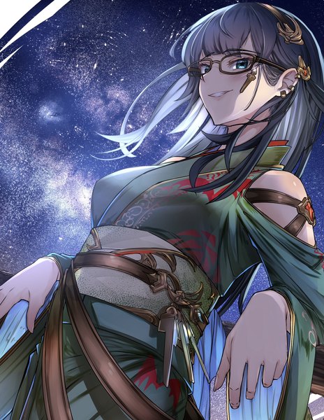 Anime picture 1584x2048 with granblue fantasy illnott nabeji (wata nb) single long hair tall image fringe blue eyes smile bare shoulders blue hair looking away from below grin piercing ear piercing shaded face milky way girl glasses