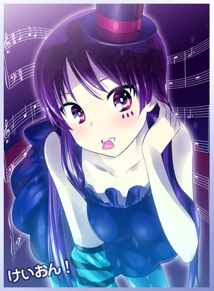 Anime picture 1024x1388 with k-on! kyoto animation akiyama mio zpolice long hair tall image blush bare shoulders purple hair multicolored eyes music girl top hat