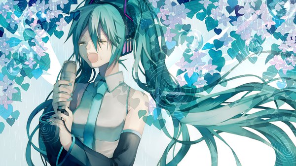 Anime picture 1066x600 with vocaloid hatsune miku tsukioka tsukiho single long hair open mouth wide image twintails eyes closed aqua hair crying singing girl flower (flowers) detached sleeves necktie headphones leaf (leaves) microphone wire (wires)