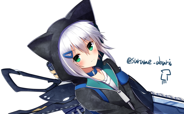 Anime picture 1000x620 with surume aburi single looking at viewer blush fringe short hair simple background smile wide image white background green eyes signed animal ears purple hair upper body white hair multicolored hair cat ears cat girl gradient hair