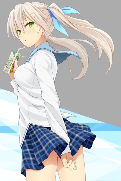 Anime picture 600x889 with original prime single long hair tall image looking at viewer blush breasts open mouth light erotic blonde hair large breasts twintails holding green eyes pleated skirt looking back plaid skirt arm behind back plaid