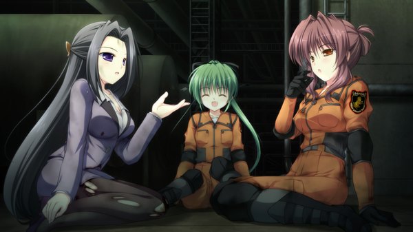 Anime picture 1280x720 with root double tachibana kazami moribe jun fsubakiyama ena long hair short hair open mouth black hair brown hair wide image sitting purple eyes multiple girls brown eyes game cg eyes closed green hair girl 3 girls suit