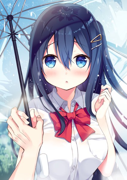 Anime picture 600x847 with original sumisaki yuzuna long hair tall image looking at viewer blush fringe blue eyes black hair hair between eyes one side up holding hands solo focus pov girl uniform school uniform hairclip umbrella