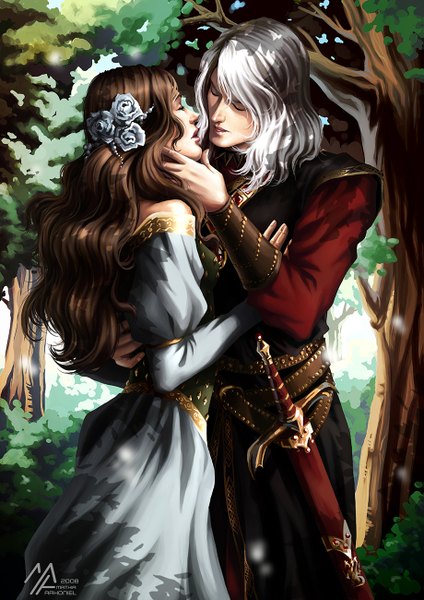 Anime picture 919x1300 with a song of ice and fire rhaegar targaryen lyanna stark mathiaarkoniel long hair tall image fringe hair between eyes brown hair standing signed silver hair outdoors eyes closed parted lips head tilt profile hair flower sunlight off shoulder