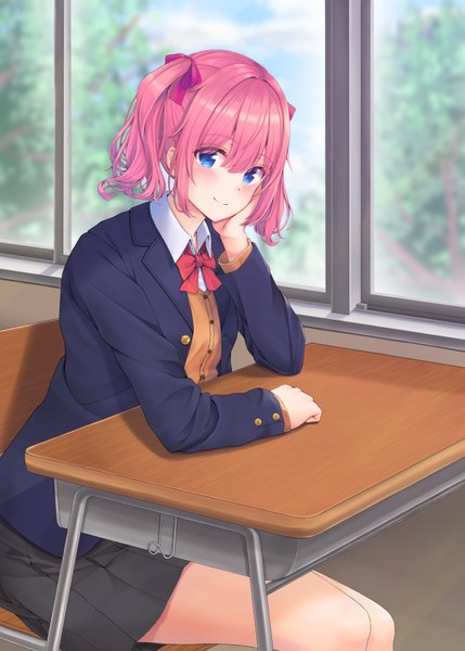 Anime picture 2591x3624 with original irise single tall image looking at viewer blush fringe highres short hair blue eyes hair between eyes sitting twintails payot pink hair indoors pleated skirt light smile short twintails chin rest