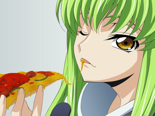Anime picture 1600x1200 with code geass sunrise (studio) c.c. single long hair looking at viewer fringe yellow eyes one eye closed green hair close-up eating girl food tongue pizza