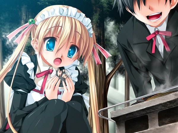 Anime picture 1024x768 with like a butler akitsuhara mizuho senomoto hisashi long hair open mouth blue eyes blonde hair twintails game cg maid loli girl