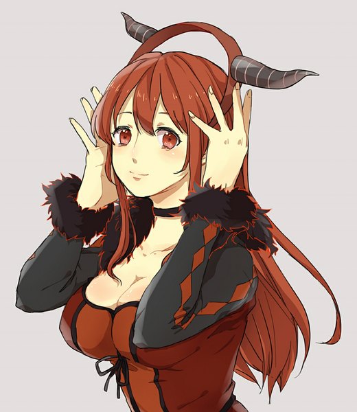 Anime picture 1000x1152 with maoyuu maou yuusha arms corporation maou (maoyuu) single long hair tall image looking at viewer simple background red eyes red hair horn (horns) light smile hand on head girl dress choker