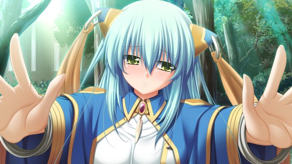 Anime picture 1024x576 with kamidori alchemy meister long hair blush wide image green eyes blue hair game cg girl