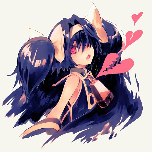 Anime picture 1000x1000 with blazblue platinum the trinity ochakai shinya single long hair fringe open mouth simple background red eyes white background blue hair hair over one eye teeth fang (fangs) girl ribbon (ribbons) hair ribbon heart bell