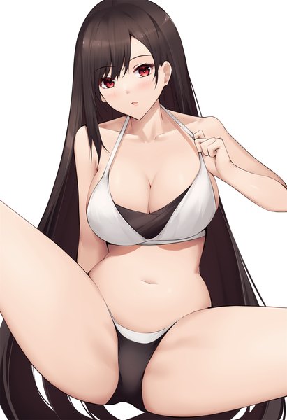Anime picture 1635x2384 with final fantasy final fantasy vii square enix tifa lockhart eol 9 single long hair tall image looking at viewer blush fringe breasts open mouth light erotic black hair simple background red eyes large breasts white background sitting