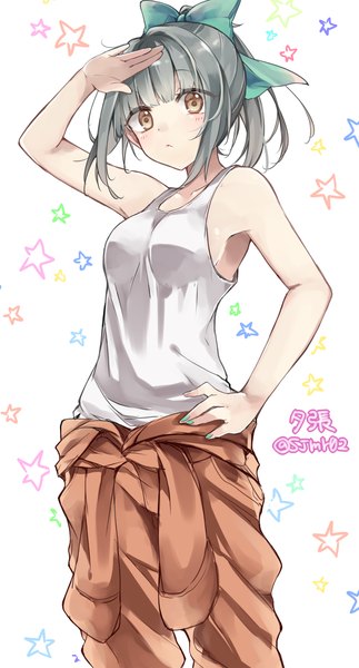 Anime picture 580x1076 with kantai collection yuubari light cruiser shijima (sjmr02) single tall image looking at viewer blush fringe short hair white background bare shoulders brown eyes signed ponytail nail polish grey hair from below hand on hip salute aqua nail polish