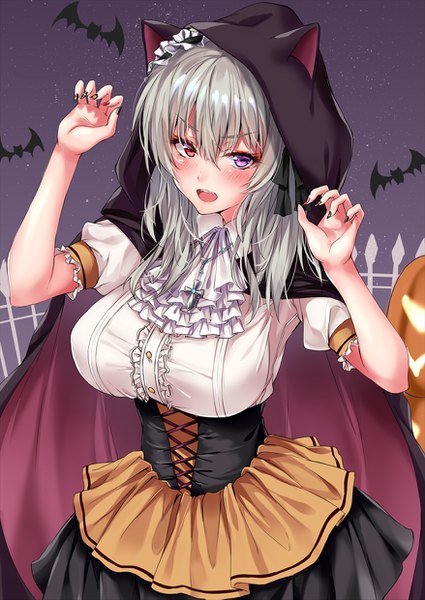 Anime picture 878x1239 with original marisasu (marisa0904) single long hair tall image looking at viewer blush fringe breasts open mouth hair between eyes red eyes large breasts standing purple eyes silver hair nail polish :d fingernails teeth