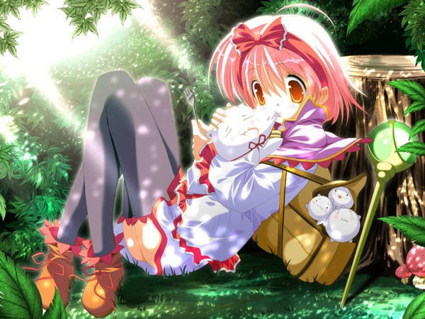 Anime picture 1157x868 with tagme (copyright) tagme (artist) single short hair sitting pink hair full body ahoge outdoors sunlight orange eyes reclining sunbeam bite girl thighhighs ribbon (ribbons) black thighhighs plant (plants) hairband