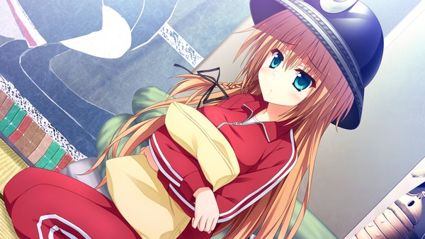 Anime picture 1280x720 with koishiki manual ichinose himeno saeki nao single long hair blush blonde hair wide image sitting looking away game cg braid (braids) aqua eyes crossed arms girl uniform bow ribbon (ribbons) hair bow hair ribbon