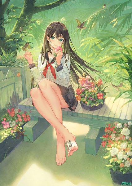 Anime picture 1064x1500 with original atdan single long hair tall image looking at viewer blush fringe smile hair between eyes brown hair sitting holding green eyes signed full body long sleeves parted lips head tilt pleated skirt