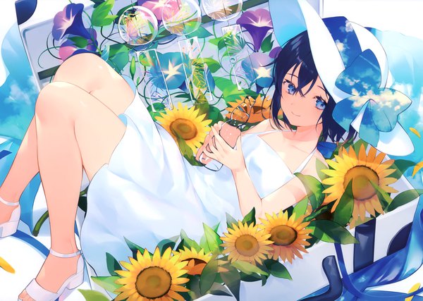 Anime picture 2964x2111 with original achiki single looking at viewer blush fringe highres short hair blue eyes black hair smile hair between eyes bare shoulders holding bent knee (knees) from above scan sleeveless reclining in container