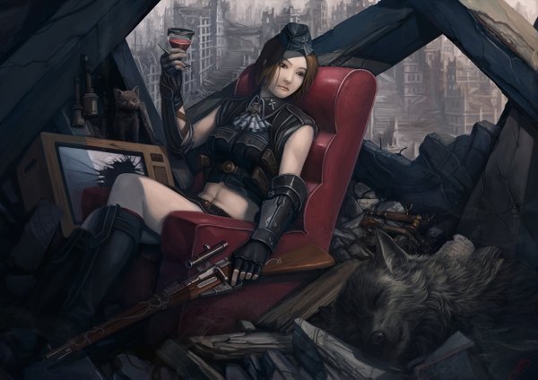 Anime picture 1240x877 with okita short hair brown hair sitting city ruins girl gloves uniform hat animal boots fingerless gloves gun military uniform armchair wine glass rifle wolf television