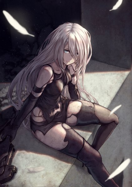 Anime picture 2039x2894 with nier nier:automata yorha type a no. 2 yasu (segawahiroyasu) single long hair tall image looking at viewer fringe highres breasts blue eyes light erotic sitting bare shoulders bent knee (knees) white hair from above hair over one eye mole