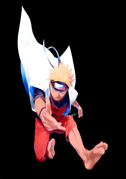 Anime-Bild 2382x3377 mit naruto studio pierrot naruto (series) uzumaki naruto zifletts single tall image highres short hair blue eyes simple background blonde hair signed full body barefoot twitter username facial mark black background outstretched hand jumping