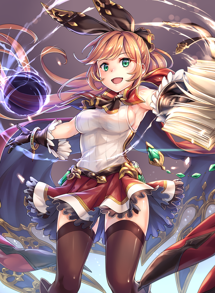 Anime picture 992x1354 with granblue fantasy clarisse (granblue fantasy) ks single long hair tall image looking at viewer fringe breasts open mouth blonde hair smile standing holding green eyes ponytail magic happy spread arms frilly skirt