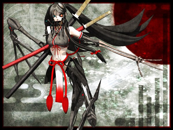 Anime picture 1500x1125 with vocaloid bacterial contamination (vocaloid) hatsune miku calcium single black hair twintails looking away very long hair alternate costume heterochromia mechanical mechanical parts girl thighhighs weapon sword insect necklace skull